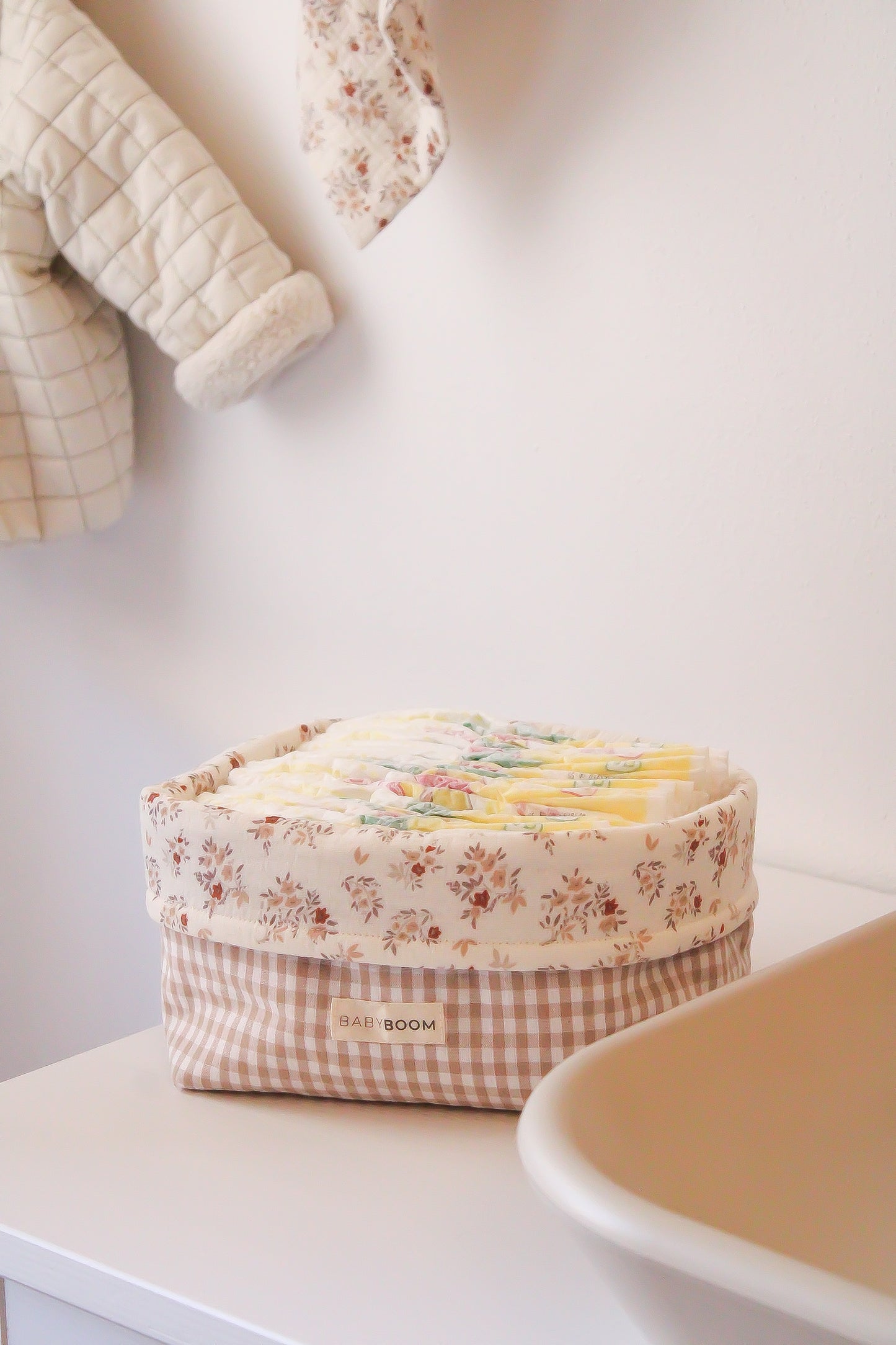 Cestino portaoggetti per fasciatoio - Vichy Camel/Fiori