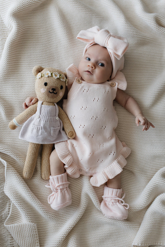 Pagliaccetto corto in maglia traforata con volant | Rosa